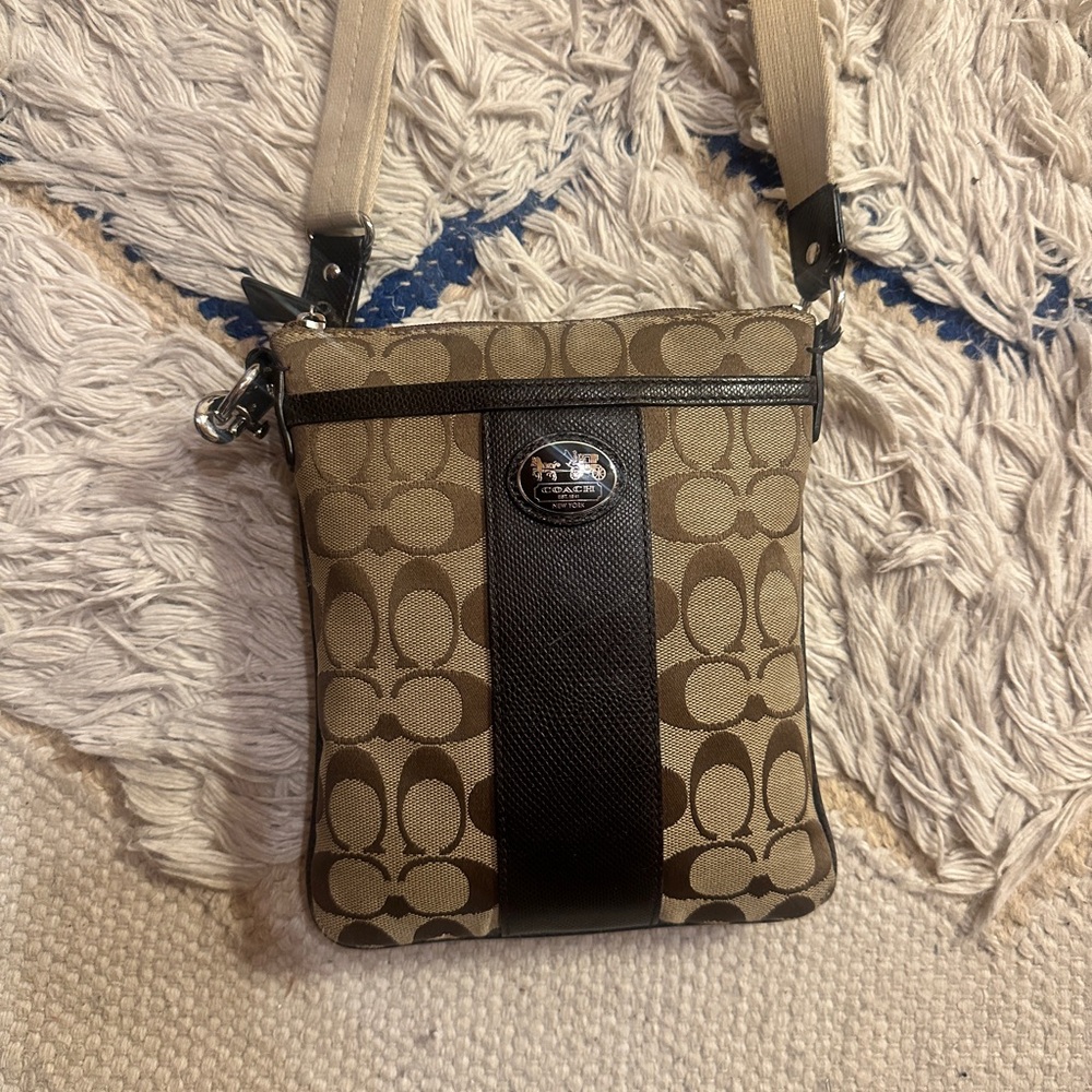 Coach Signature Leather Stripe Brown Crossbody Shoulder Handbag Purse